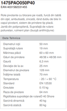 Încarcă imaginea în vizualizatorul Galerie, Roata pivotanta cu frana, fixare pe placa , cale de rulare din cauciuc poliuretanic , D 50 mm