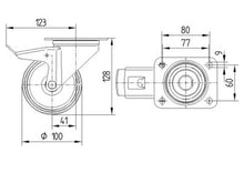 Încarcă imaginea în vizualizatorul Galerie, Roata pivotanta cu frana , fixare pe placa, calea de rulare din poliamida duratech D100 mm