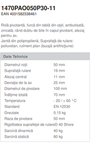 Roata pivotanta , fixare pe bolt , cale de rulare din cauciuc poliuretanic , D 50 mm