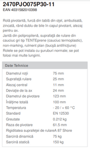 Roata pivotanta - fixare pe bolt , calea de rulare din cauciuc termoplastic gri , D 75 mm
