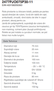 Roata pivotanta cu frana - fixare pe bolt , calea de rulare din cauciuc termoplastic gri , D 75 mm
