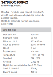 Roata FIXA , fixare pe placa , rola din poliamida duratech , D100 mm